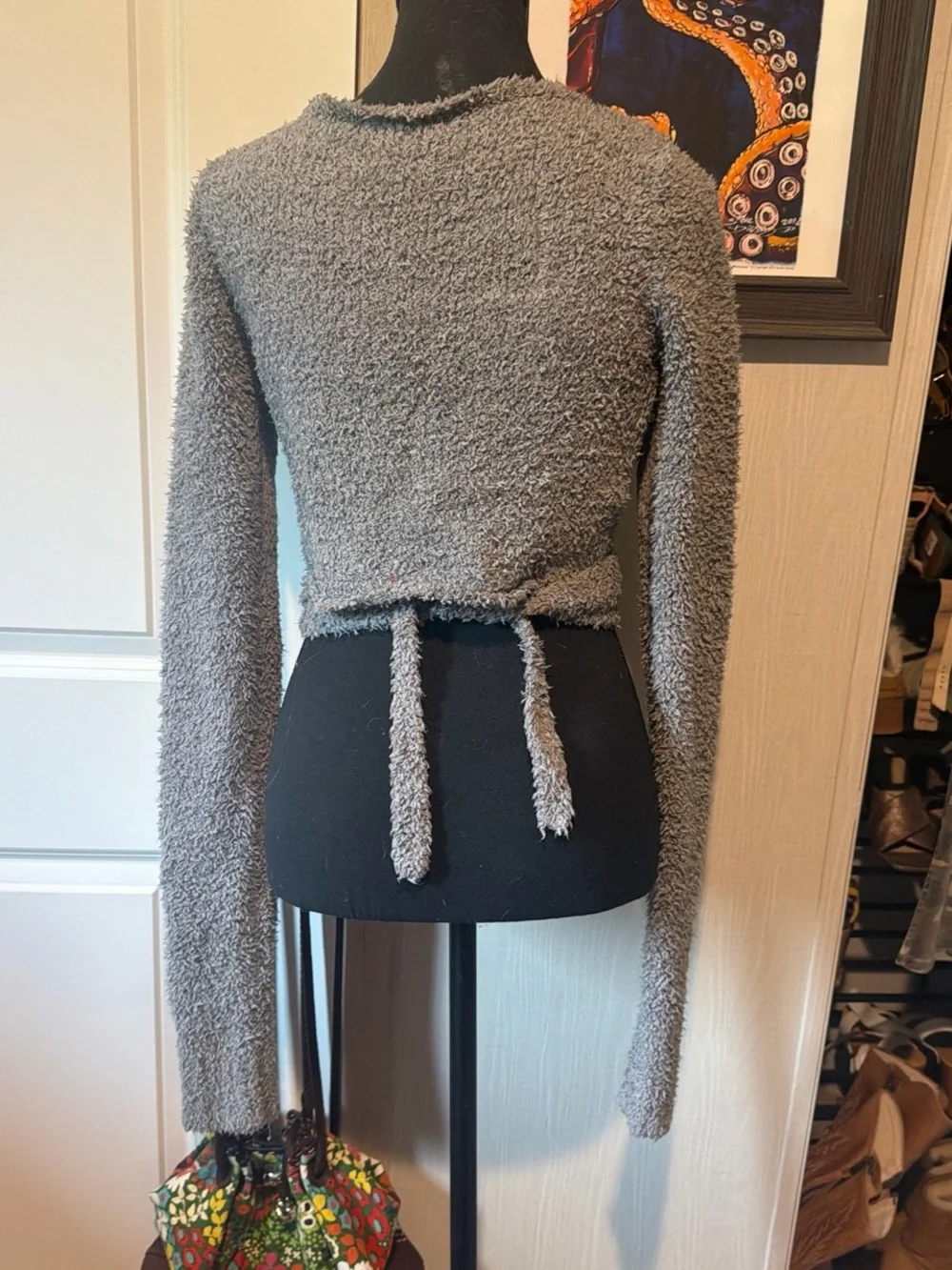 SKIMS Gray Fuzzy Wrap-Style Sweater